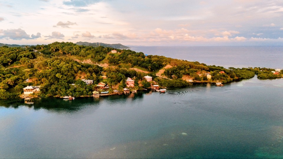 The Roatan coastline from above