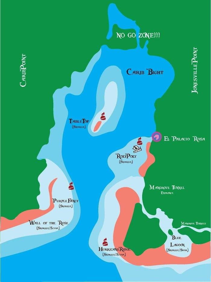 Carib Bight bay map showing snorkel and dive sites — El Palacio Rosa, Roly Poly, TableTop, Purple Fancy, Wall of the Rose, Hurricane Ridge, Blue Lagoon and Pirate Tunnels