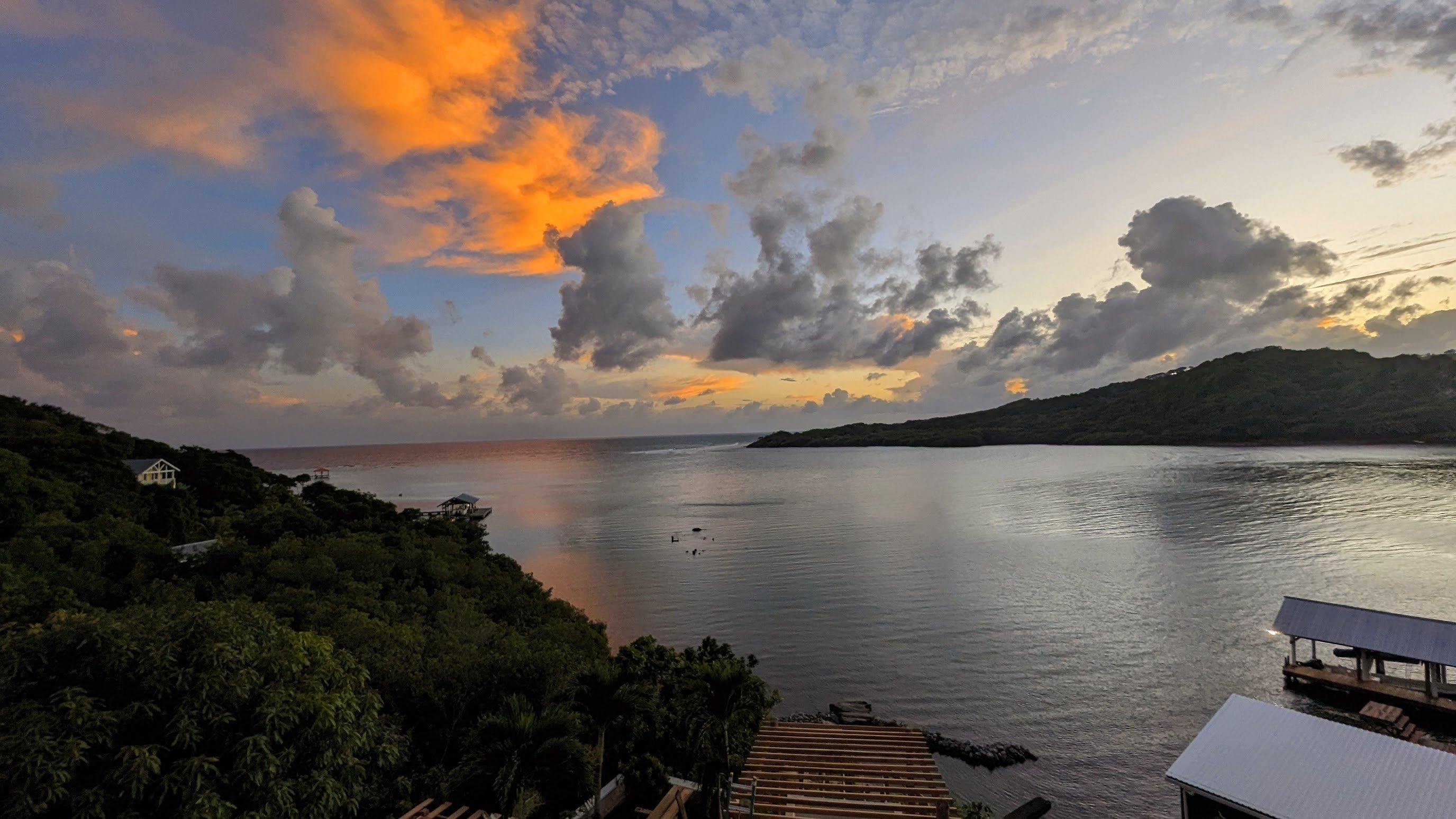 Sunset south view from The Crown — looking toward the Honduran mainland, Carib Bight, El Palacio Rosa Roatan