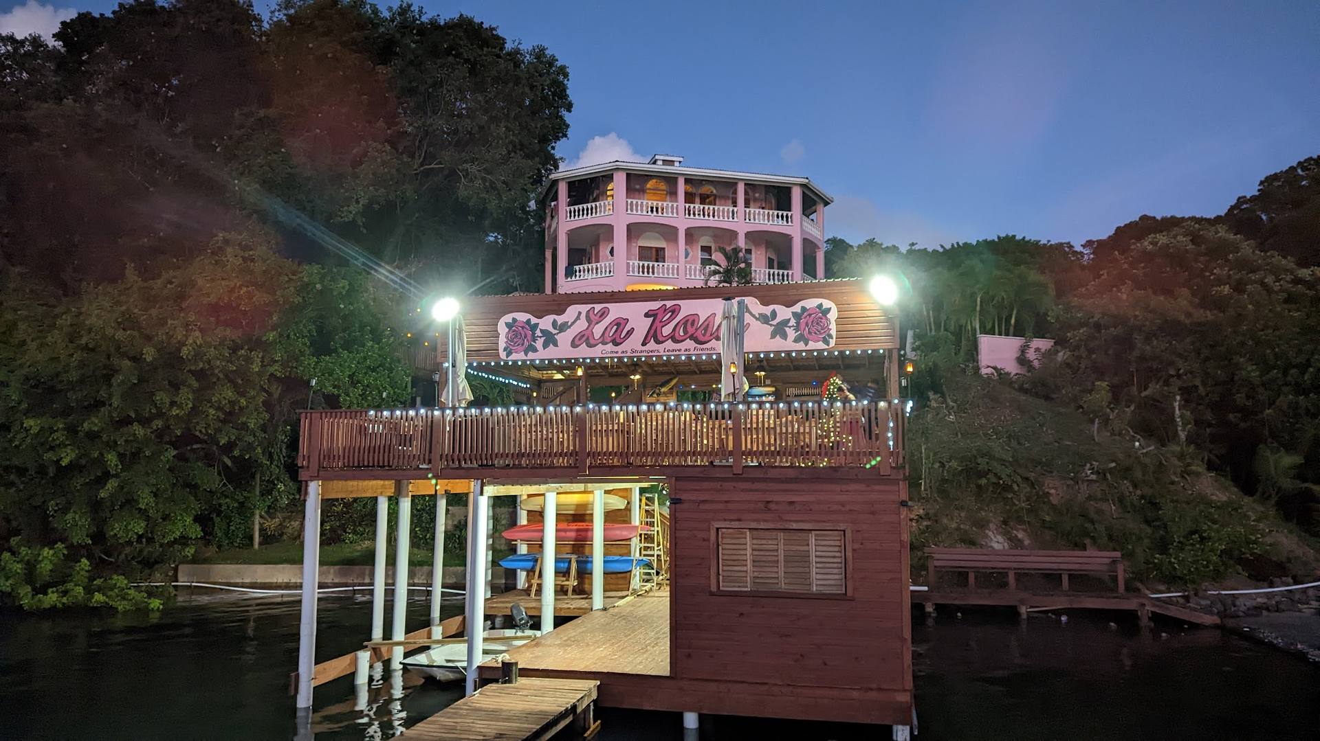 La Rosa Tiki Bar lit up at night
